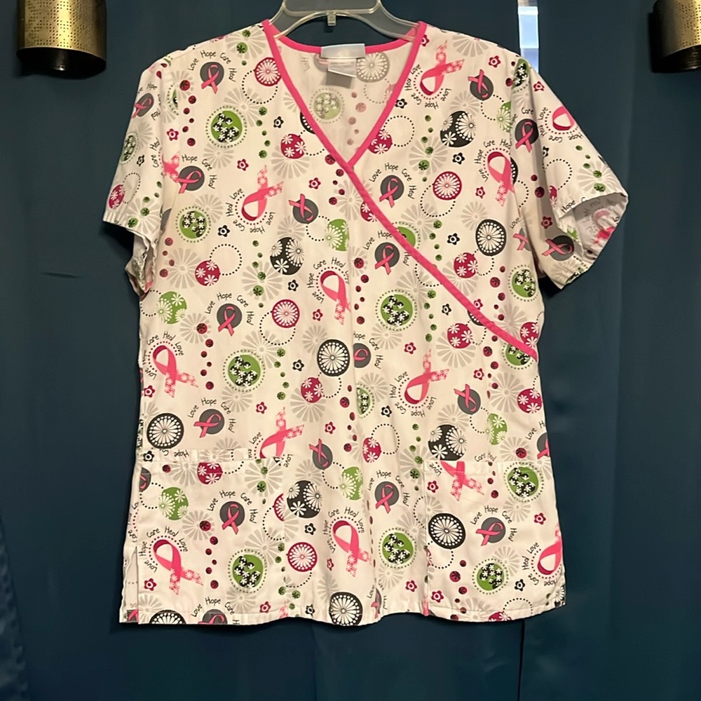 Breast cancer awareness scrub top.